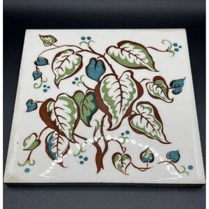 Vintage Tile / Trivet / Hot Pad w/ Green Leaves Vine Painted Beautiful!